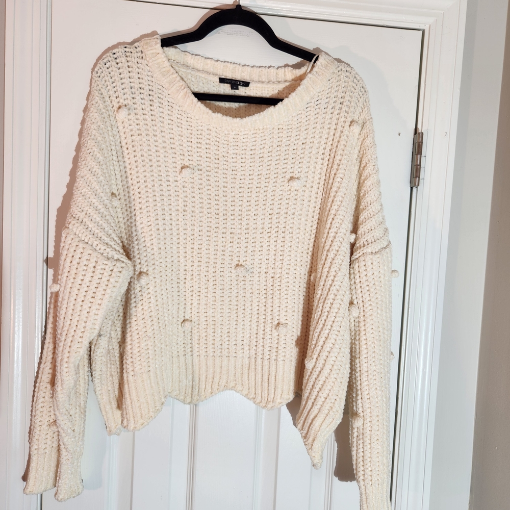 Paper Moon Soft Boxy Cream Knit Pom Sweater Womens Small